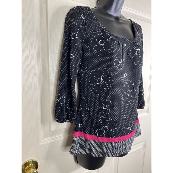 Ann Taylor Top Women Size S 3/4 Sleeve Black White Pink Floral Sheer Lined - Picture 5 of 8